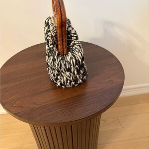 Woven Black & White Handbag with Wood Handle - Brand Unspecified